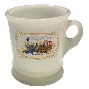 VTG TRAIN MILK GLASS SHAVING MUG COFFEE TEA CUP LOCOMOTIVE BY AVON 3.75" TALL